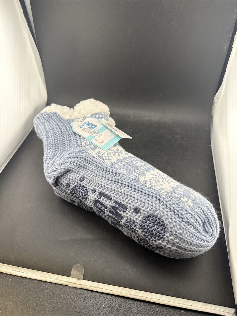 NWT MUK LUKS Women Shortie Cabin Slipper Socks Blue Knit Sherpa Lined Grippers